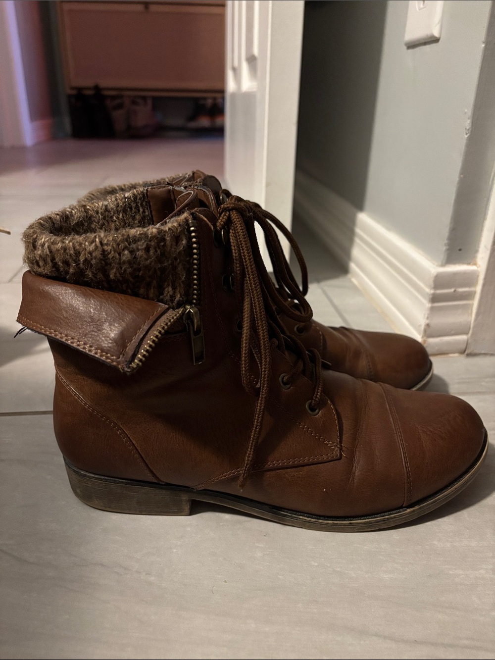 Mudd Brown Lace-Up Ankle Boots with Knit Cuff